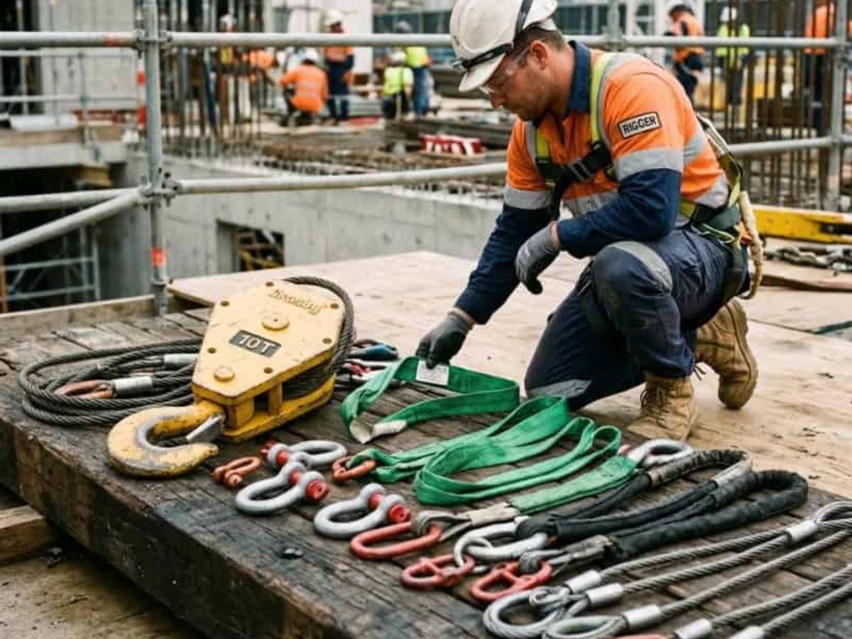 Rigger laying out webbing slings, shackles and wire rope with a lifting block