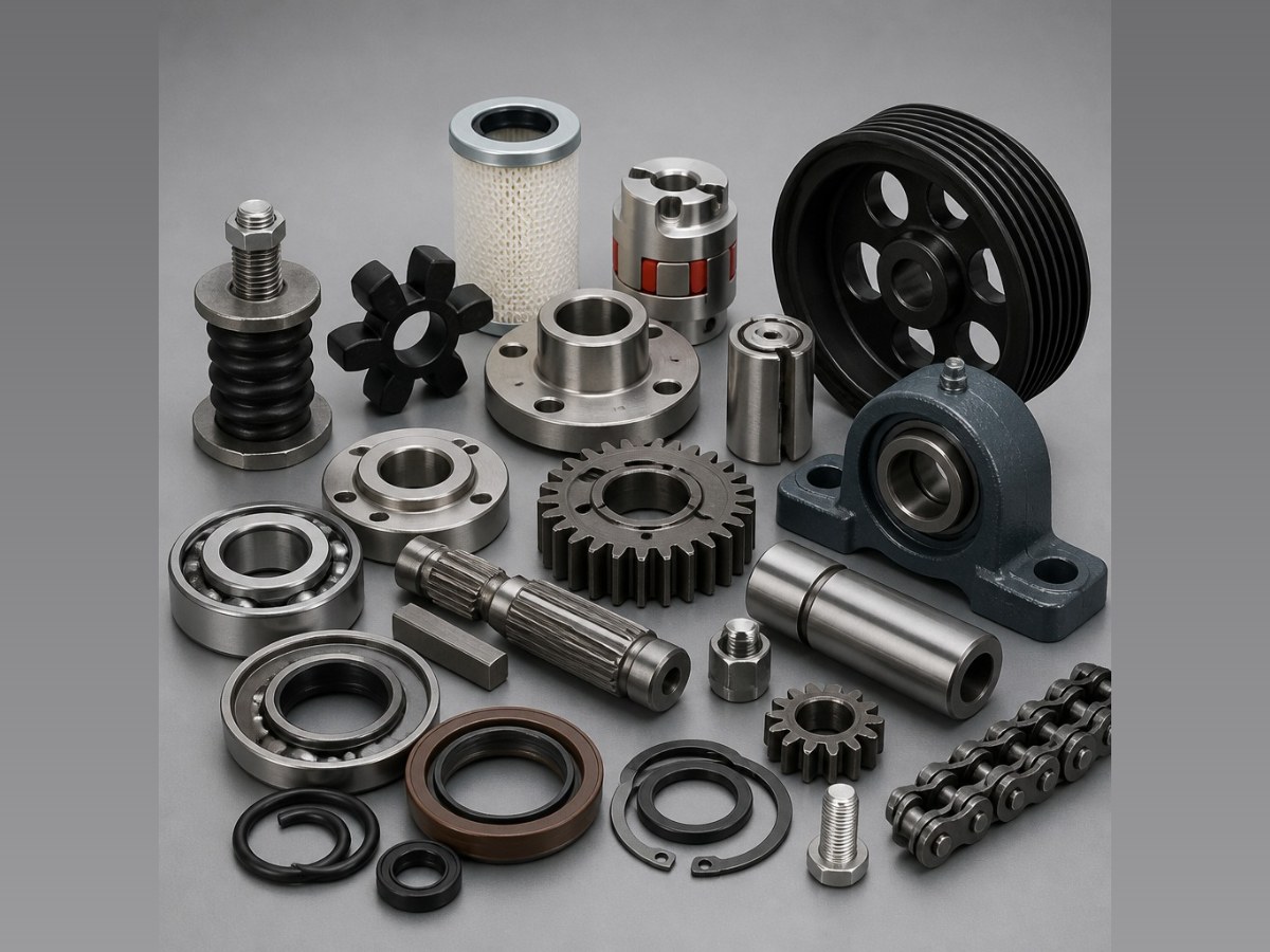 Bearings, seals, circlips, couplings, gears, pillow block and chain laid out