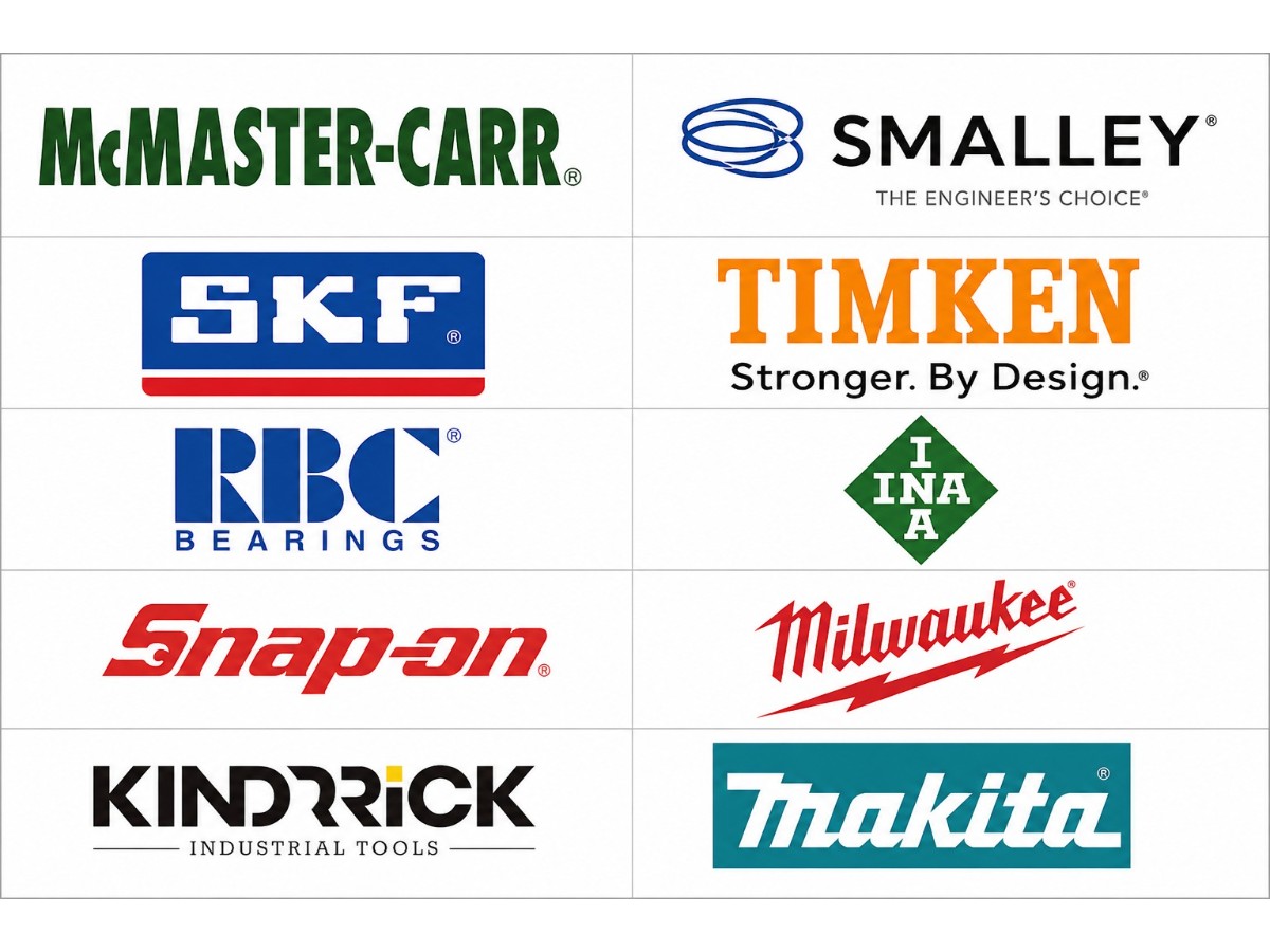 Logos of principal brands supplied by Enervia, including McMaster-Carr, Smalley, SKF, Timken, RBC Bearings, INA, Snap-on, Milwaukee, Kindrrick and Makita