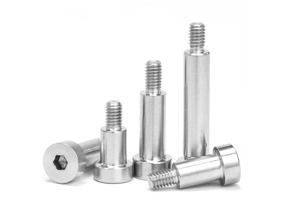 Five stainless steel socket-head shoulder bolts of different lengths