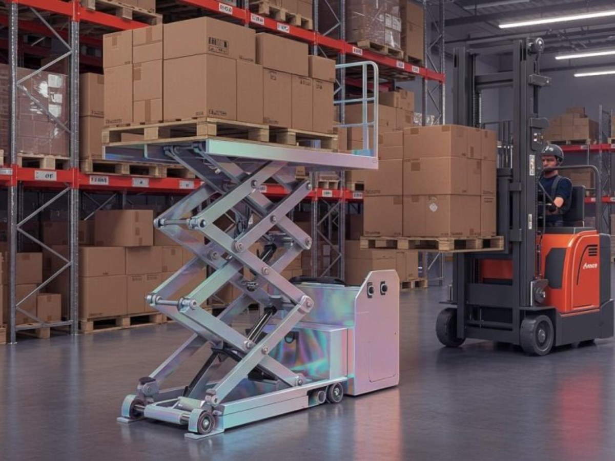 Forklift and scissor lift working among racked pallets in a warehouse